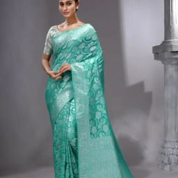 House Of Begum Sea Green Katan Zari Work Saree With Unstitched Printed Blouse-image-1