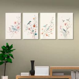 Nestroots Birds on Branch Art White Frame Nature Canvas Wall Painting - Set of 4-image-64