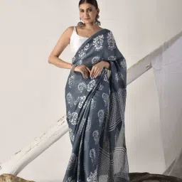 Sutra Attire Grey Hand Block Printed Pure Cotton Saree-picture-37