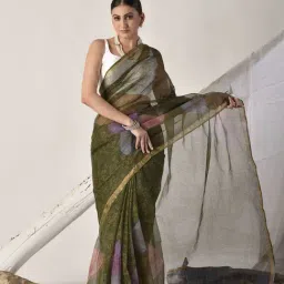 Sutra Attire Forest Green Block Printed Pure Kota Doria Saree-picture-48