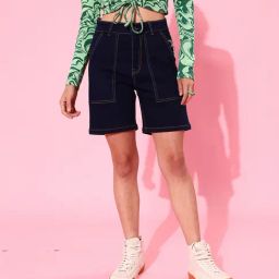 DOLCE CRUDO Dark Blue Denim Regular Fit High Rise Shorts-image-90