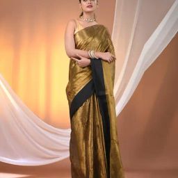 CHARUKRITI Golden Blended Solid Saree With Unstitched Blouse-image-3