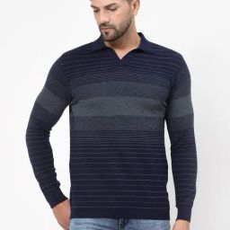 Kalt Navy Regular Fit Striped Polo T-Shirt-image-7