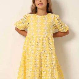 VERO MODA GIRL Yellow & White Cotton Embroidered Dress-image-10
