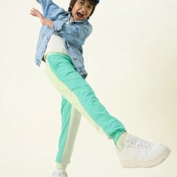 The Souled Store Kids Green Cotton Colourblocked Joggers-image-4