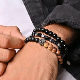 The Bro Code Black & Brown Casual Party Men's Beaded Lion Charm Stack Bracelet - Set of 3-5