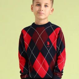 U.S. Polo Assn. Boys Navy & Red Checks Full Sleeves Sweater-image-13