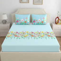Home Ecstasy Snowdrift Blue Cotton Floral 140 TC King Bedsheet with 2 Pillow Covers-picture-37