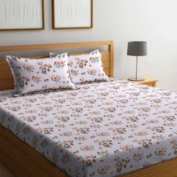 BOMBAY DYEING 525B Orange & White Floral 164 TC Pure Cotton Queen Bedsheet Set-image-71