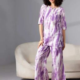 Libas Purple Cotton Printed Kurti & Pyjama Set-image-5
