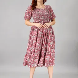 Raiyani Fashion Floral Print Puff Sleeve Applique Fit & Flare Midi Dress-picture-42