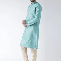 DEYANN Men Blue & Cream-Coloured Self Design Kurta with Pyjamas image 2