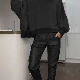 Black Solid Boat Neck Sweatshirt & Joggers Co-Ords-52