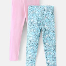Pine Kids Cotton Ankle Length Biowashed Stretchable All Over Printed & Solid Color Leggings Pack Of 2 - Blue Pink-picture-23