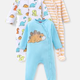 Babyhug Cotton Knit Full Sleeves Footed Sleep Suits Stripes & Dino Print - Blue White & Orange-image-69