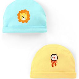 Doodle Poodle 100% Cotton Knit Lion Face Print Caps Pack of 2 Yellow & Blue - Diameter 11 cm-image-67