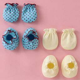 Ben Benny Cotton Knit Mittens & Booties Set Solid & Polka Dot Print  Pack of 2- Blue & Yellow-picture-4