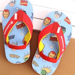 Cute Walk by Babyhug Marvel Flip Flops With Back Strap Avengers Print - Red & Sky Blue-image-31
