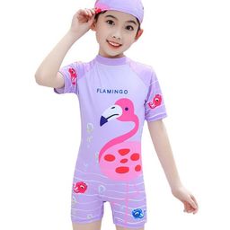 The Mom Store Half Sleeves Flamingo Printed Swimsuit With Cap Set - Lavender-28