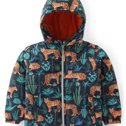 Babyhug Woven Full Sleeves Front Open Padded Hooded Jacket with Tiger Print & Pockets - Green-image-78