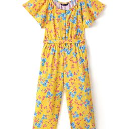 Pine Kids Cotton Knit Flutter Sleeves Jumpsuit Floral Print - Yellow-image-2