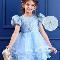 Mark & Mia Half Puffed Sleeves Floral Embroidered Layered Party Frock with Heart Applique -Sky Blue-image-83