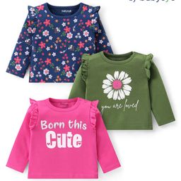 Babyoye Eco Conscious 100% Cotton Knit Full Sleeves Tops With Floral & Text Print Pack of 3 - Navy Blue Dark Green & Dark Pink-image-20