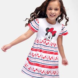 Babyhug Disney Cotton Knit Frill Sleeves Frock With Minnie Mouse Graphics and Badge Detailing - White & Red-image-127
