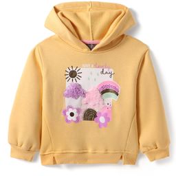 Little Kangaroos Fleece Knit Full Sleeves Floral Printed Hooded Sweatshirt with Sequin Detailing - Mustard-image-84