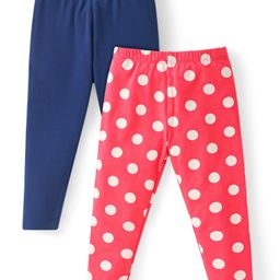 Babyhug Cotton Lycra Knit Full Length Leggings With Polka Dot Print Pack Of 2 - Blue & Red-image-48