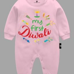 The Peppy Tend Diwali Theme 100% Cotton Full Sleeves My First Diwali Text Printed Romper - Pink-picture-7