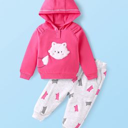 Babyhug Terry Knit Full Raglan Sleeves Hooded Sweatshirt & Lounge Pant Set With Cat Print & Patch - Dark Pink & White-image-18