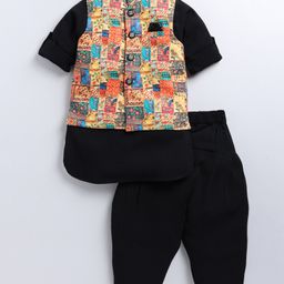 LITTLE COLLARS Full Sleeves Solid Kurta Pyjama With Floral Embroidered Jacket - Black-image-15