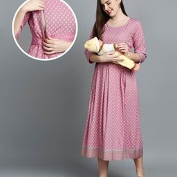 Dummy Shape Three Fourth Sleeves Ethnic Motifs Printed Maternity Flared Kurta With Attached Embroidered Belt & Concealed Zipper Nursing Access - Baby Pink-image-52