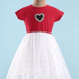 Enfance Half Sleeves Heart Stone Embellished Foil Printed Dress - Red-picture-16