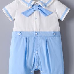 Mark & Mia Half Sleeves Cotton Solid Romper - White & Light Blue-image-22