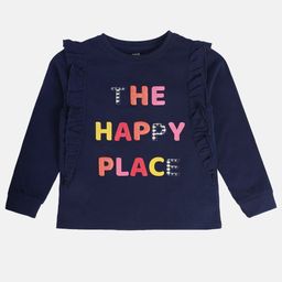 MINI KLUB Cotton Full Sleeves The Happy Place Text Patch Embroidered Frill Detailed Top - Navy Blue-image-36