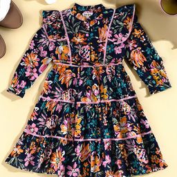 Bella Moda Cotton Three Fourth Sleeves Floral Printed Lace Embellished Tiered Dress With Belt - Blue-image-33