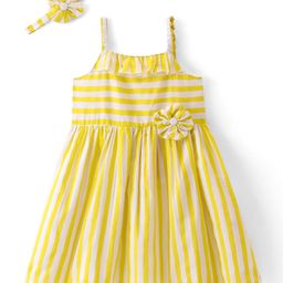 Babyhug Rayon Woven Sleeveless Striped Frock with Floral Applique & Headband - Yellow-picture-12