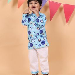 Mama & Peaches Cotton Full Sleeves Evil Eye Printed Kurta & Pyjama Set - Blue-image-48