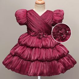 Mark & Mia Woven Half Puffed Sleeves Solid Color Layered Party Dress with Floral Applique - Maroon-image-41