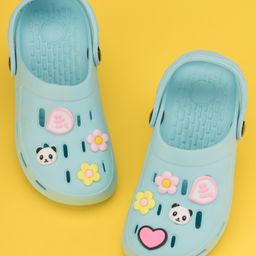 Yellow Bee Solid Clogs With Panda & Floral Charms - Blue-image-97