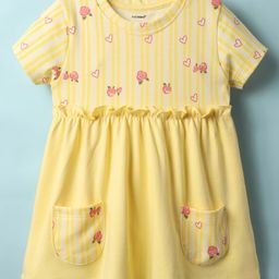 CUCUMBER Interlock Knit Half Sleeves Frock With Floral & Heart Print Frill Detailing & Pockets - Yellow-picture-6