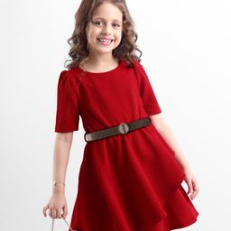 Hola Bonita Knit Half Sleeves Solid Textured Fabric Dress With Belt - Red-image-79