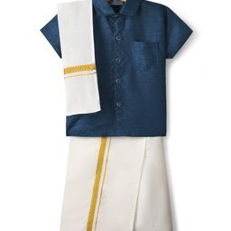Dapper Dudes Cotton Silk Woven Half Sleeves Solid Shirt & Mundu With Angavastram Set - Navy Blue-picture-34