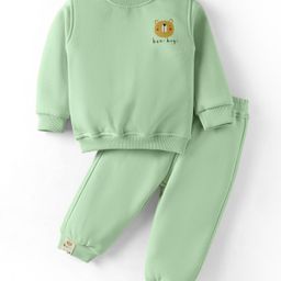 Little Kangaroos Cotton Knit Full Sleeves Winter Wear T-Shirt & Lounge Pant Set With Animal Print - Light Green-image-59