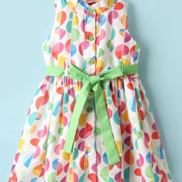 Tweetoons Knit Sleeveless Front Open Printed Frock With Belt - White-image-3