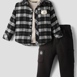 Little Kangaroos Cotton Knit Full Sleeves Shirt T-Shirt & Pants with Checks Prints - Black & Grey-picture-29