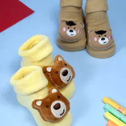 Yellow Bee Cotton Knit Set Of 2 Baby Bears Applique Detailed Socks - Multi Colour-picture-6