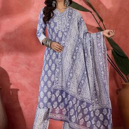 Sangria Women Floral Printed Cotton Kurta with Trousers & Dupatta-43